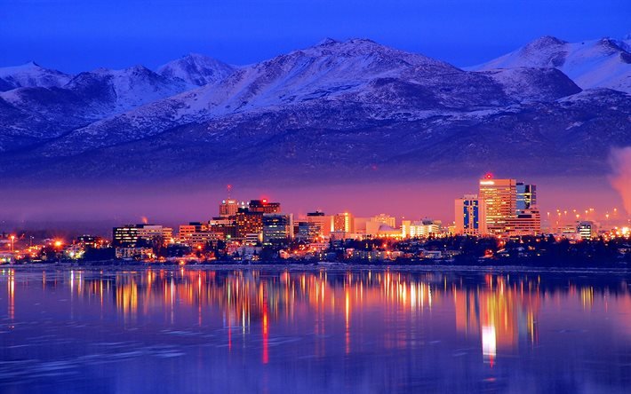 Anchorage, noite, p&#244;r do sol, Alasca, inverno, paisagem urbana de Anchorage, horizonte de Anchorage, EUA