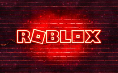 Logo rosso Roblox, 4k, muro di mattoni rossi, logo Roblox, giochi online, logo al neon Roblox, Roblox