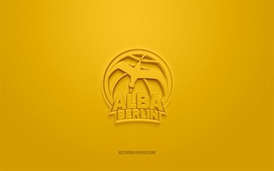Alba Berlino, logo 3D creativo, sfondo giallo, emblema 3d, club di basket tedesco, Bundesliga di basket, Berlino, Germania, arte 3d, basket, logo 3d Alba Berlin