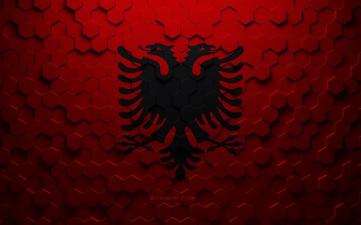 Drapeau de l&#39;Albanie, art en nid d&#39;abeille, drapeau des hexagones de l&#39;Albanie, Albanie, art des hexagones 3d, drapeau de l&#39;Albanie
