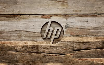 HP wooden logo, 4K, Hewlett-Packard, wooden backgrounds, brands, HP logo, creative, wood carving, Hewlett-Packard logo, HP, Hewlett-Packard wooden logo