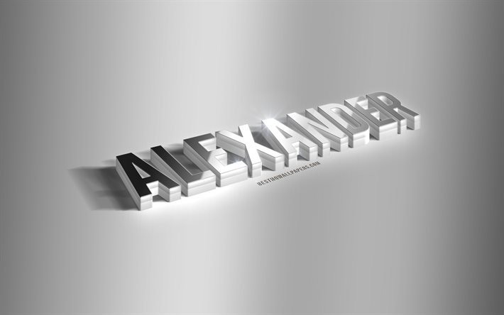 اليكساندر, فن 3d الفضة, خلفية رمادية, خلفيات بأسماء, اسم الكسندر, بطاقة ألكسندر تهنئة, فن ثلاثي الأبعاد, صورة باسم الكسندر