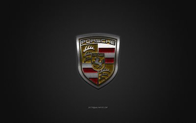 Logo Porsche, logo jaune argent&#233;, fond gris en fibre de carbone, embl&#232;me en m&#233;tal Porsche, Porsche, marques de voitures, art cr&#233;atif