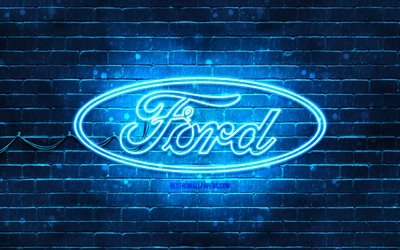 Ford blue logo, 4k, blue brickwall, Ford logo, cars brands, Ford neon logo, Ford