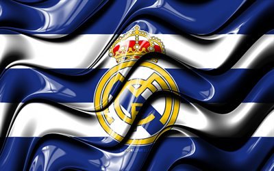 Real Madrid flag, 4k, blue and white 3D waves, LaLiga, spanish football club, football, Real Madrid logo, La Liga, Real Madrid FC, soccer, Real Madrid CF