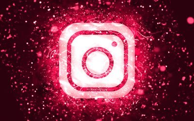 Instagram vaaleanpunainen logo, 4k, vaaleanpunaiset neonvalot, luova, vaaleanpunainen abstrakti tausta, Instagram-logo, sosiaalinen verkosto, Instagram