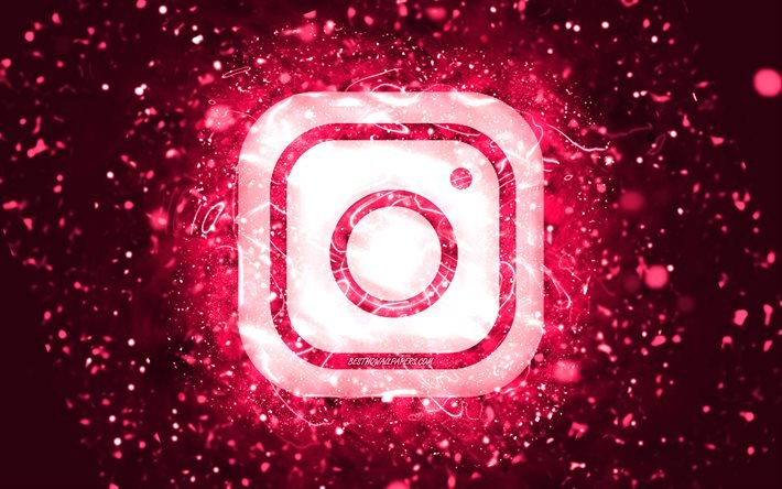 Instagram rosa logo, 4k, luci al neon rosa, creativo, sfondo astratto rosa, logo Instagram, social network, Instagram