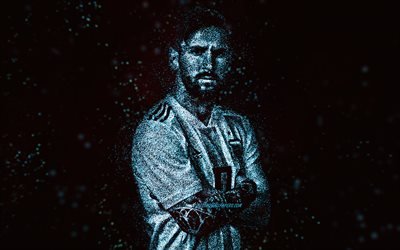 Lionel Messi, Argentinas fotbollslandslag, bl&#229; glitterkonst, portugisisk fotbollsspelare, Leo Messi, svart bakgrund, kreativ konst, fotboll, Argentina