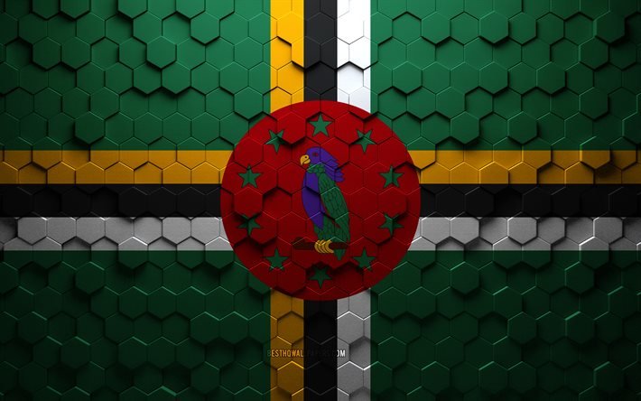 Bandiera della Dominica, arte a nido d&#39;ape, bandiera di esagoni della Dominica, Dominica, arte di esagoni 3d, bandiera della Dominica