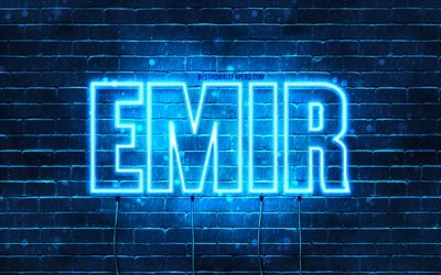 Emir, 4k, wallpapers with names, Emir name, blue neon lights, Happy Birthday Emir, popular turkish male names, picture with Emir name