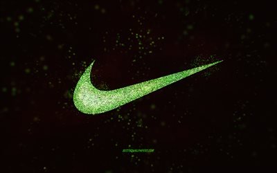 Logotipo com glitter da Nike, fundo preto, logotipo da Nike, arte verde roxa, Nike, arte criativa, logotipo com glitter verde da Nike