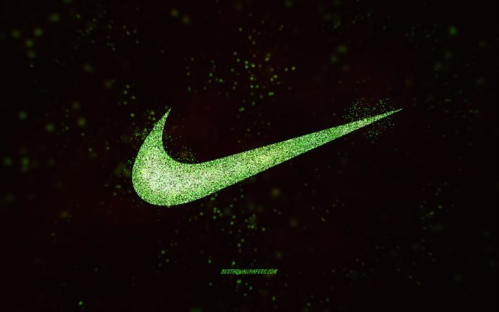 Logo de paillettes de Nike, fond noir, logo de Nike, art vert violet, Nike, art créatif, logo de paillettes de vert de Nike