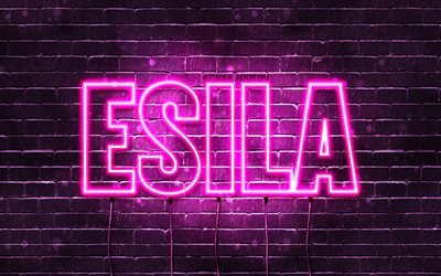 Esila, 4k, sfondi con nomi, nomi femminili, nome Esila, luci al neon viola, Happy Birthday Esila, nomi femminili turchi popolari, foto con nome Esila