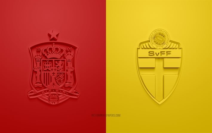 Espagne vs Su&#232;de, UEFA Euro 2020, Groupe E, logos 3D, fond jaune rouge, Euro 2020, match de football, &#233;quipe nationale de football d&#39;Espagne, &#233;quipe nationale de football de Su&#232;de
