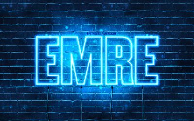 Emre, 4k, wallpapers with names, Emre name, blue neon lights, Happy Birthday Emre, popular turkish male names, picture with Emre name