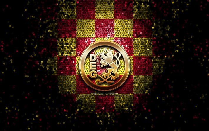 Dusseldorfer EG, logo glitter, DEL, sfondo a scacchi giallo rosso, hockey, squadra tedesca di hockey, logo Dusseldorfer EG, arte del mosaico, Deutsche Eishockey Liga, campionato tedesco di hockey