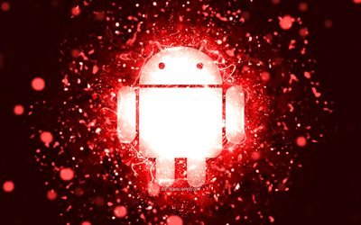 Logotipo vermelho do Android, 4k, luzes de n&#233;on vermelhas, criativo, fundo abstrato vermelho, logotipo do Android, sistema operacional, Android