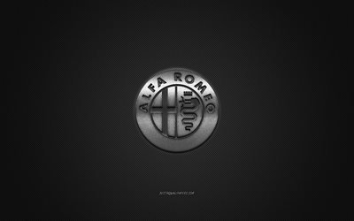 Alfa Romeo logo, silver yellow logo, gray carbon fiber background, Alfa Romeo metal emblem, Alfa Romeo, cars brands, creative art