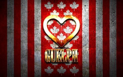I Love Guelph, citt&#224; canadesi, iscrizione d&#39;oro, Canada, cuore d&#39;oro, Guelph con bandiera, Guelph, citt&#224; preferite, Love Guelph