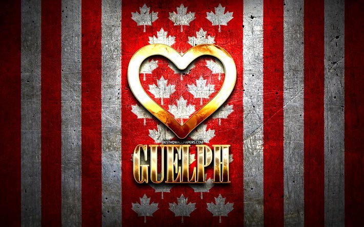 I Love Guelph, cidades canadenses, inscri&#231;&#227;o dourada, Canad&#225;, cora&#231;&#227;o de ouro, Guelph com bandeira, Guelph, cidades favoritas, Love Guelph