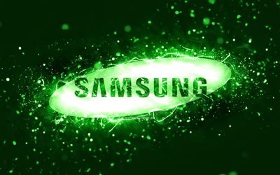 Samsung green logo, 4k, green neon lights, creative, green abstract background, Samsung logo, brands, Samsung