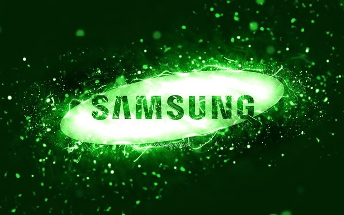 サムスングリーンロゴ, 4k, 緑のネオンライト, creative クリエイティブ, 緑の抽象的な背景, サムスンのロゴ, ブランド, Samsung（サムスン）