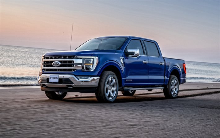 2021, Ford F-150, exterior, front view, blue pickup truck, new blue F-150, american cars, Ford