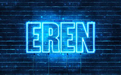 Eren, 4k, wallpapers with names, Eren name, blue neon lights, Happy Birthday Eren, popular turkish male names, picture with Eren name