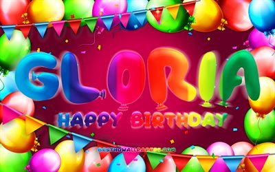 Happy Birthday Gloria, 4k, colorful balloon frame, Gloria name, purple background, Gloria Happy Birthday, Gloria Birthday, popular american female names, Birthday concept, Gloria