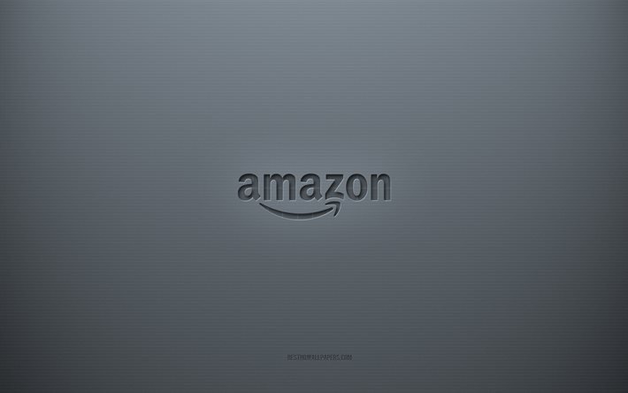 Logo d&#39;Amazon, fond cr&#233;atif gris, embl&#232;me d&#39;Amazon, texture de papier gris, Amazon, fond gris, logo 3d d&#39;Amazon