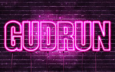Gudrun, 4k, wallpapers with names, female names, Gudrun name, purple neon lights, Happy Birthday Gudrun, popular icelandic female names, picture with Gudrun name