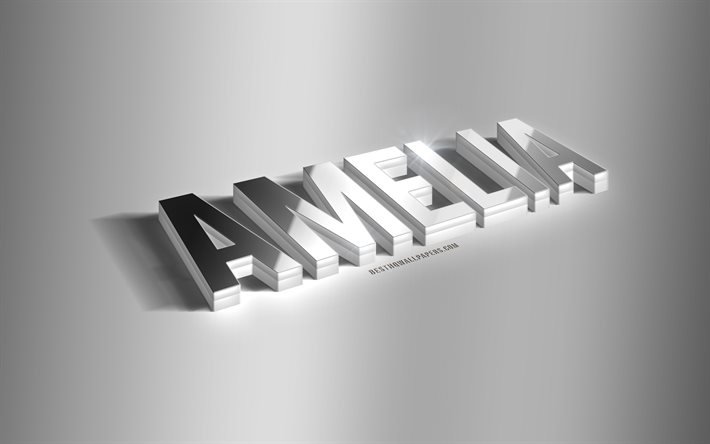 Amelia, arte 3d prata, fundo cinza, pap&#233;is de parede com nomes, nome de Amelia, cart&#227;o de felicita&#231;&#245;es de Amelia, arte 3D, imagem com o nome de Amelia