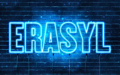 Erasyl, 4k, wallpapers with names, Erasyl name, blue neon lights, Happy Birthday Erasyl, popular kazakh male names, picture with Erasyl name