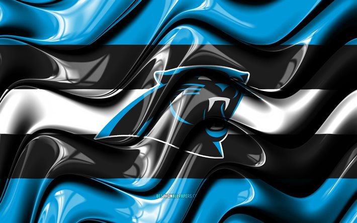 carolina panthers flagge, 4k, blaue und schwarze 3d-wellen, nfl, american football team, carolina panthers logo, american football, carolina panthers