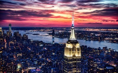 Empire State Building, New York, evening, sunset, skyscrapers, New York panorama, New York skyline, USA