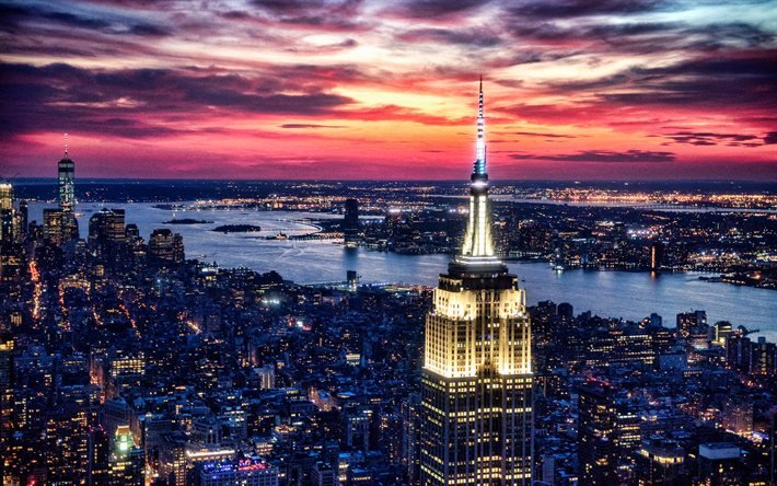 Empire State Building, New York, ilta, auringonlasku, pilvenpiirt&#228;j&#228;t, New Yorkin panoraama, New Yorkin horisontti, USA