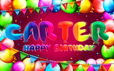 Happy Birthday Carter, 4k, colorful balloon frame, Carter name, purple background, Carter Happy Birthday, Carter Birthday, popular american female names, Birthday concept, Carter