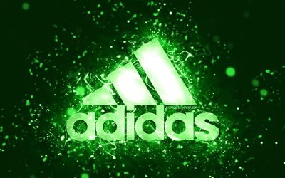 Adidas gr&#246;n logotyp, 4k, gr&#246;na neonljus, kreativ, gr&#246;n abstrakt bakgrund, Adidas logotyp, varum&#228;rken, Adidas