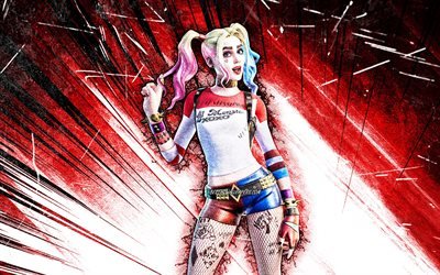 4k, Harley Quinn, grunge art, Fortnite Battle Royale, Fortnite characters, Harley Quinn Skin, red abstract rays, Fortnite, Harley Quinn Fortnite