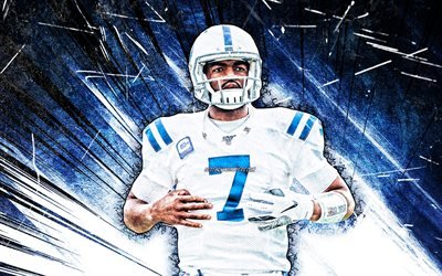 4k, Jacoby Brissett, grunge art, Indianapolis Colts, american football, NFL, Jacoby Jajuan Brissett, National Football League, blue abstract rays, Jacoby Brissett 4K, quarterback, Jacoby Brissett Indianapolis Colts