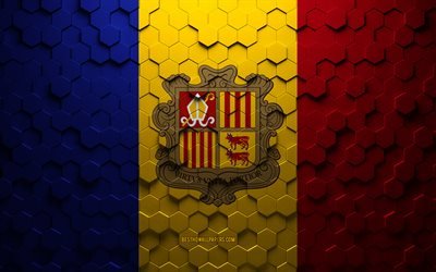 Flag of Andorra, honeycomb art, Andorra hexagons flag, Andorra, 3d hexagons art, Andorra flag