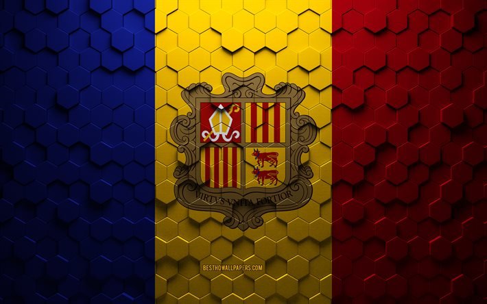 Andorras flagga, bikakekonst, Andorra hexagons flagga, Andorra, 3d hexagons art, Andorra flagga