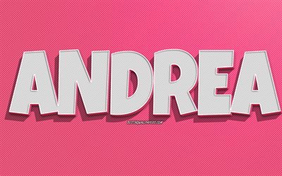 Andrea, rosa linjer bakgrund, bakgrundsbilder med namn, Andrea namn, kvinnliga namn, Andrea gratulationskort, konturteckningar, bild med Andrea namn
