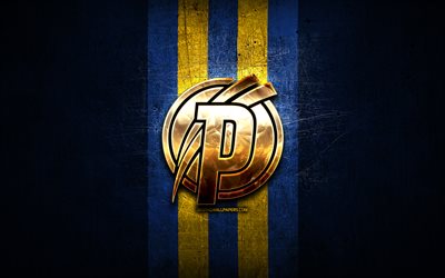 Puskas Akademia FC, golden logo, OTP Bank Liga, blue metal background, football, hungarian football club, Puskas Akademia FC logo, Hungary, Puskas Akademia