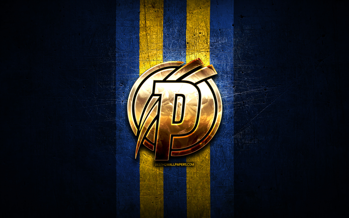 プスカシュアカデーミアfc, 金色のロゴ, otpバンクリガ, 青い金属の背景, フットボール, ハンガリーのサッカークラブ, プスカシュアカデーミアfcのロゴ, ハンガリー, プスカシュアカデーミア