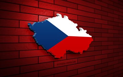 mapa de la rep&#250;blica checa, 4k, pared de ladrillo rojo, pa&#237;ses europeos, silueta del mapa de la rep&#250;blica checa, bandera de la rep&#250;blica checa, europa, mapa checo, bandera checa, rep&#250;blica checa, mapa 3d checo