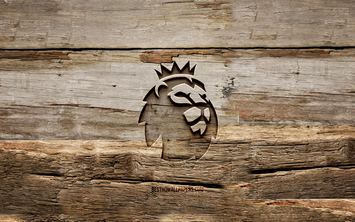 Premier League wooden logo, 4K, wooden backgrounds, sports league, Premier League logo, creative, wood carving, Premier League