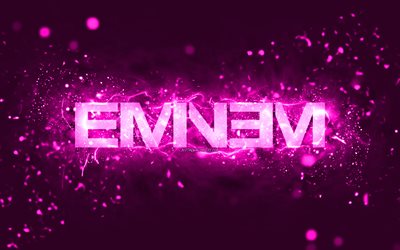 logotipo púrpura de eminem, 4k, rapero estadounidense, luces de neón púrpura, creativo, fondo abstracto púrpura, marshall bruce mathers iii, logotipo de eminem, estrellas de la música, eminem