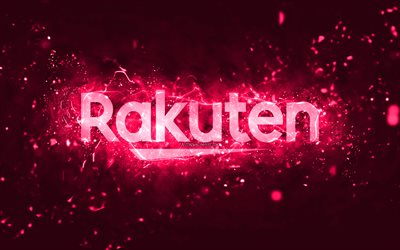 Rakuten pink logo, 4k, pink neon lights, creative, pink abstract background, Rakuten logo, brands, Rakuten