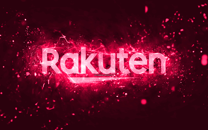 شعار rakuten الوردي, 4k, أضواء النيون الوردي, خلاق, خلفية مجردة الوردي, شعار rakuten, العلامات التجارية, راكوتين